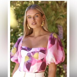 NEW SHOWPO LUCIENNA TOP PUFF SLEEVE CORSET IN ZINNIA BLOOM Size 4